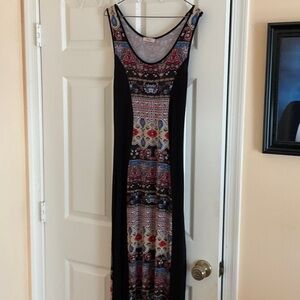 Sleeveless Black Maxi Dress with Multicolor Boho Panel